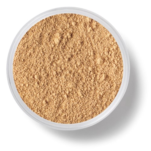 En rund behållare fylld med ett beige pulver. Inga andra föremål eller detaljer syns.
