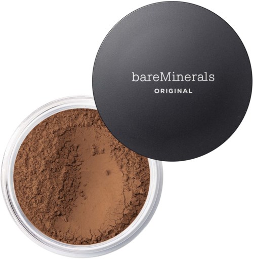 A brown powder inside a round container with a black lid that says bareMinerals ORIGINAL.