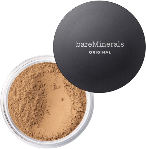 Ein runder Behälter mit hellbraunem Puder und einem schwarzen Deckel mit der Aufschrift "bareMinerals ORIGINAL."