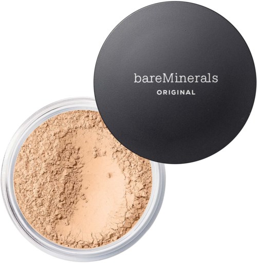 Ein beige Puder-Make-up in einem transparenten Behälter mit schwarzem Deckel, der sagt bareMinerals ORIGINAL.