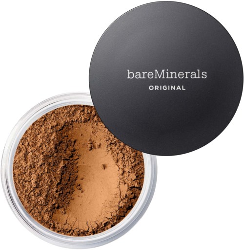 Ein Behälter mit losem braunem Pulver und schwarzem Deckel mit der Aufschrift bareMinerals ORIGINAL.