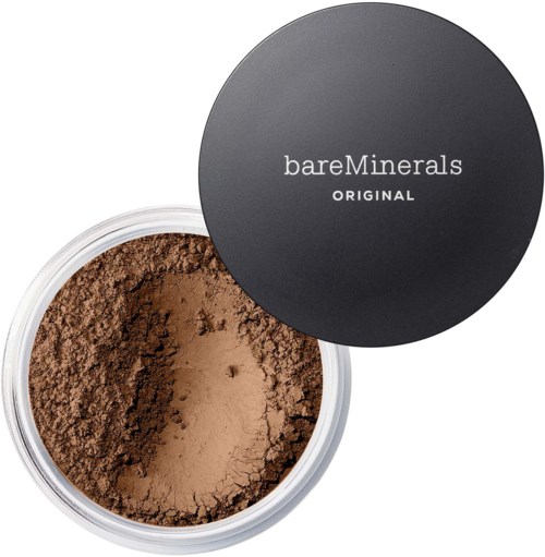 En rund behållare med brunt pulverformigt smink och ett svart lock med bareMinerals ORGINAL.