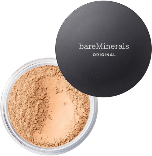 Ein Behälter mit beige lockerer Puder mit schwarzem Deckel, beschriftet mit bareMinerals Original.