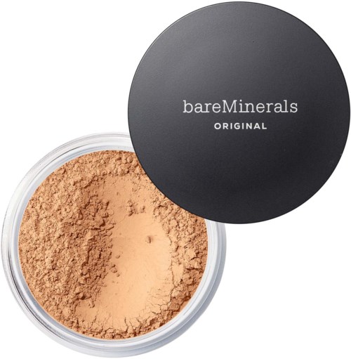 Ein runder Behälter mit losem Puder, teilweise geöffnet, mit schwarzem Deckel mit der Aufschrift bareMinerals ORIGINAL.