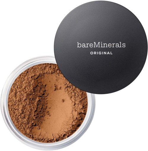 Brunt löst puder i en liten klar behållare med svart lock märkt bareMinerals ORIGINAL.