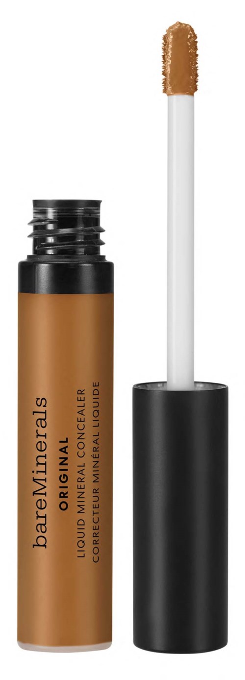 A liquid concealer with a brush applicator in a black and brown tube.