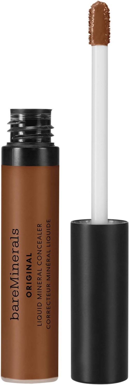 A brown liquid concealer stick with a white wand applicator. The wand top is out of the black cap.