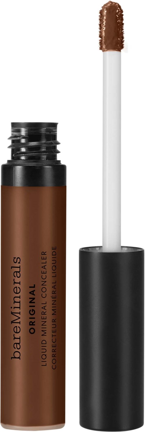 A brown liquid concealer in a tube with a white applicator wand and black cap.
