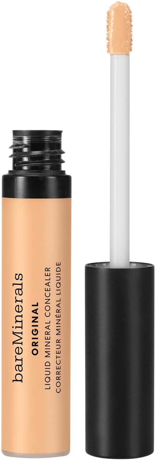A beige liquid concealer in a tube with a black cap and a built-in wand applicator.