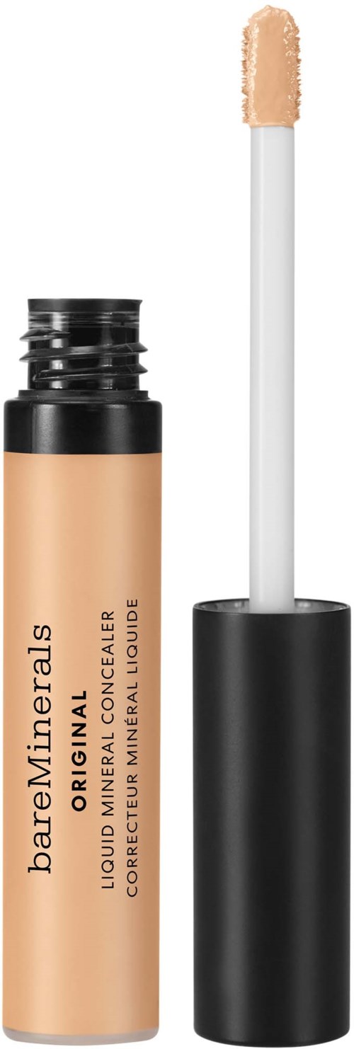 A liquid concealer tube with a wand applicator, beige color, and black cap.