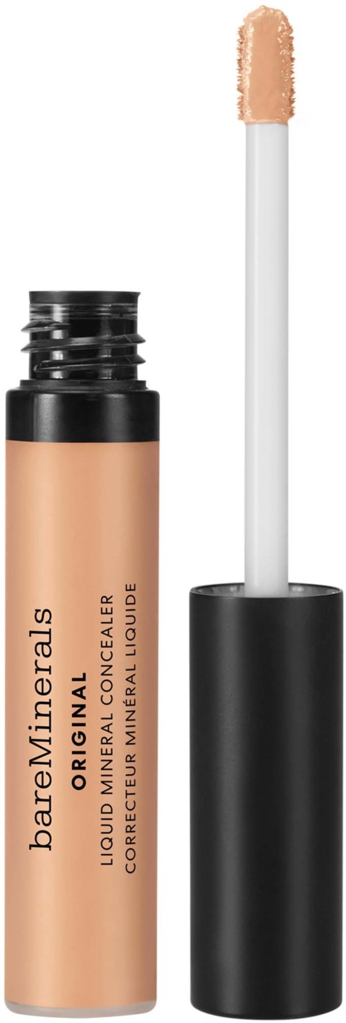A beige liquid concealer with an applicator wand and a black cap. The product is from Bare Minerals.