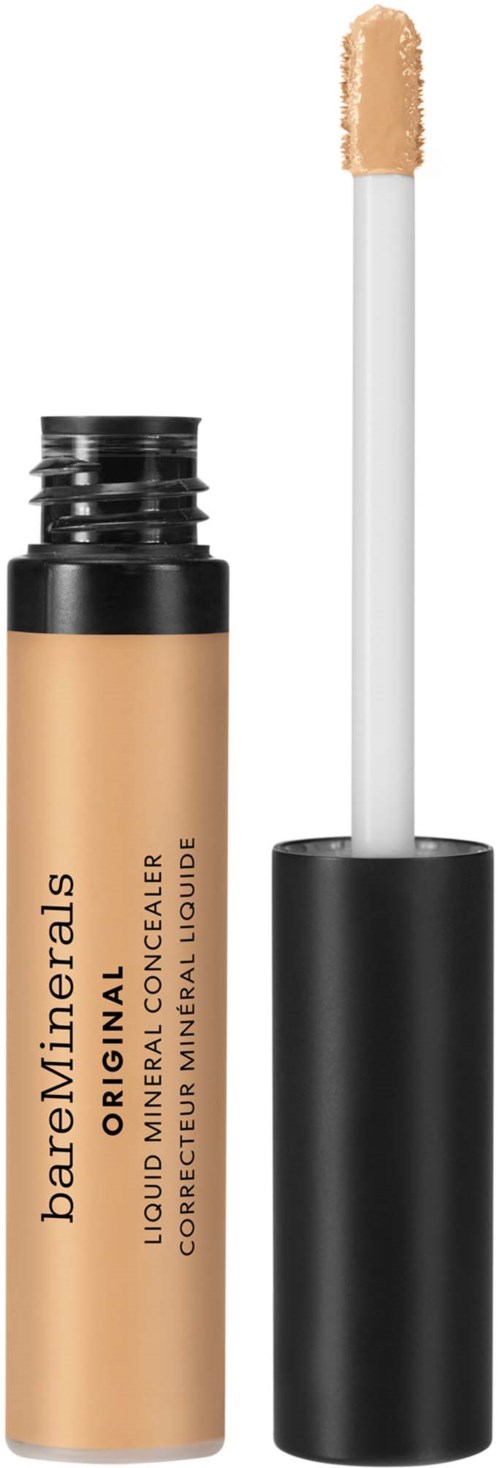 A beige lip gloss tube with a black cap and applicator wand for lips.