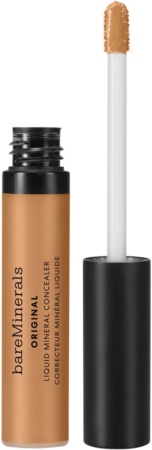 A beige liquid concealer with a white applicator wand and black cap. The product name is BareMinerals.