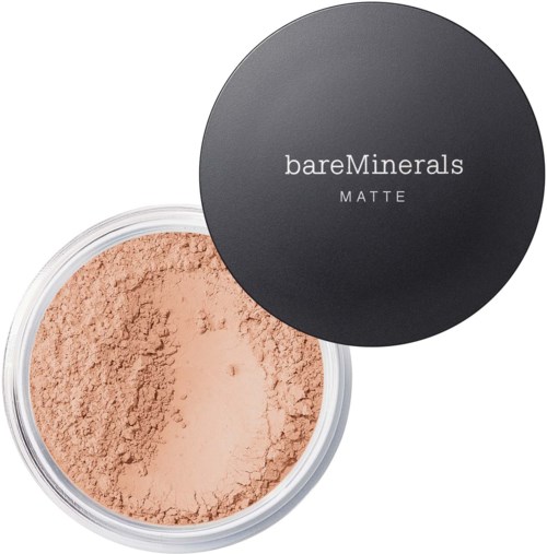 Ein runder Behälter mit beigem Pulver und schwarzem Deckel, auf dem bareMinerals MATTE steht.