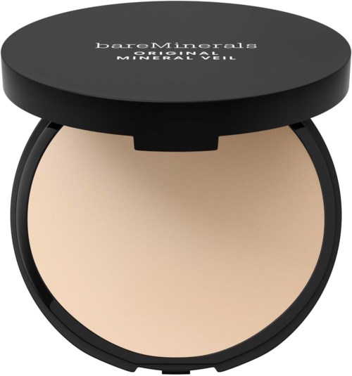 Musta avoin pakkauksen, jossa on vaaleanbeige jauhe, ja siinä lukee 'bareMinerals ORIGINAL MINERAL VEIL'.