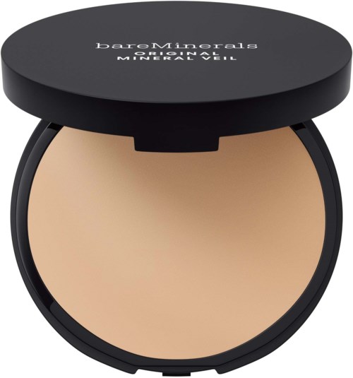 Pieni meikkipuuteri mustassa pyöreässä astiassa, jossa lukee 'bareMinerals ORIGINAL MINERAL VEIL'.