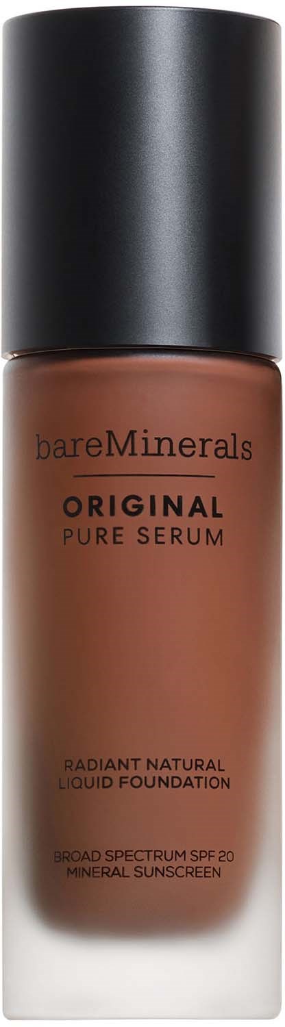 A bottle of bareMinerals makeup foundation with a black cap and brown liquid inside.