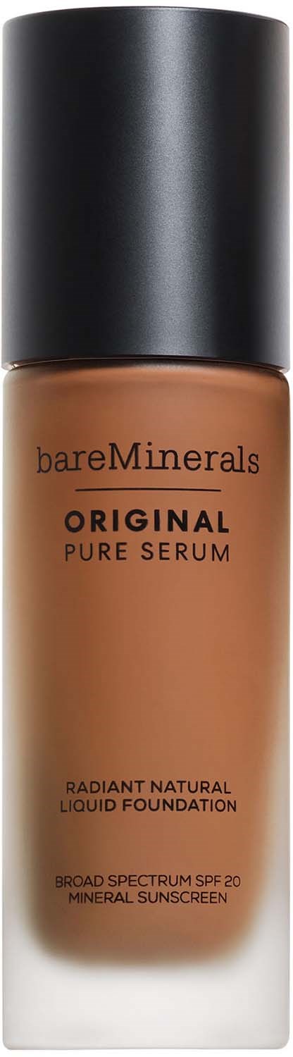 A bottle of bareMinerals liquid foundation with a black cap. It is labeled as Original Pure Serum with SPF 20.