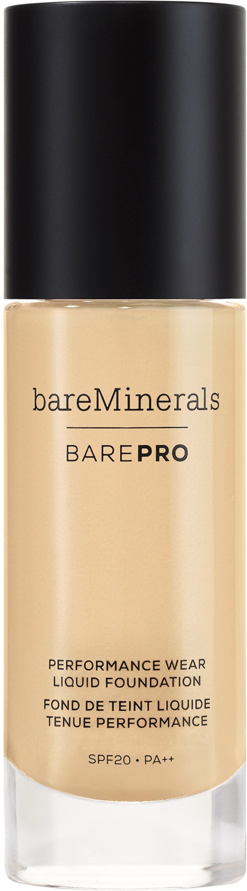 Beige nestemäinen meikkivoide kirkkaassa pullossa, jossa musta korkki, merkintä BareMinerals BarePRO, SPF20 PA++.