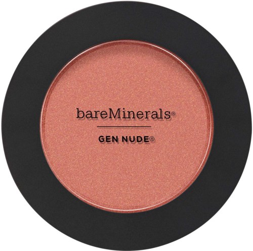 A round makeup blush in a black case with pinkish color. The label says bareMinerals GEN NUDE.