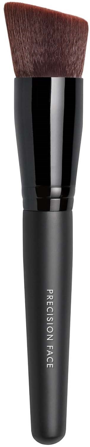 A makeup brush with a dark handle and a soft, brownish tip.