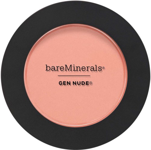 A round makeup product with a pink surface and black border. It has the words "bareMinerals" and "GEN NUDE" on it.