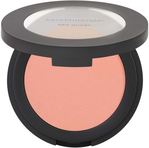 A compact blush in a black case, with a round mirror on the lid and light pink powder inside.