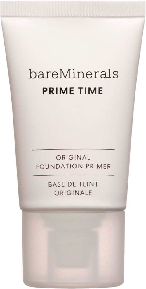 A white tube of bareMinerals Prime Time Original Foundation Primer with black text.