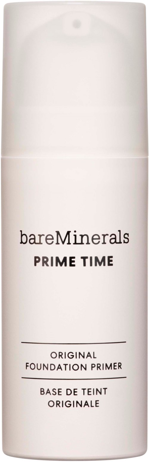 A white cylindrical bottle with a pump, labeled bareMinerals PRIME TIME Original Foundation Primer.