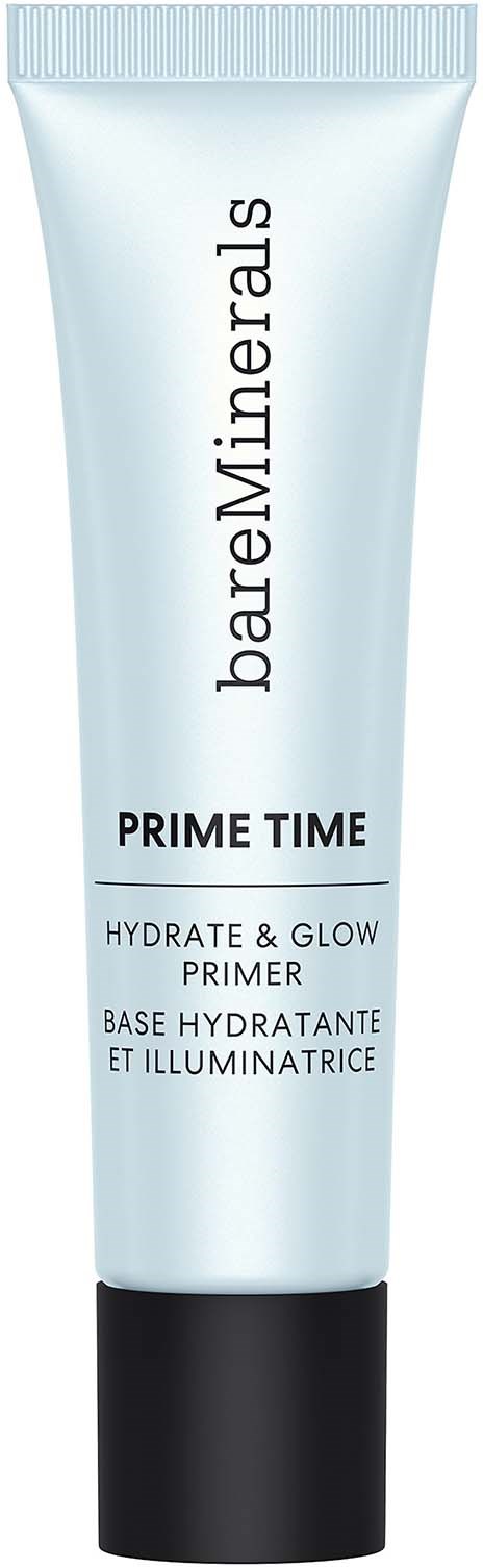 Een lichtblauwe tube van BareMinerals Prime Time hydrate en glow primer met een zwarte dop.