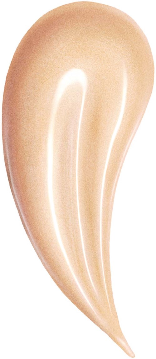 Een beige vloeibare foundationtest met een glanzende, gladde textuur en een gebogen vorm.