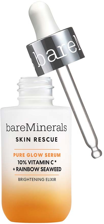 A skincare product bottle with a dropper, labeled BareMinerals Skin Rescue Pure Glow Serum with Vitamin C and seaweed.