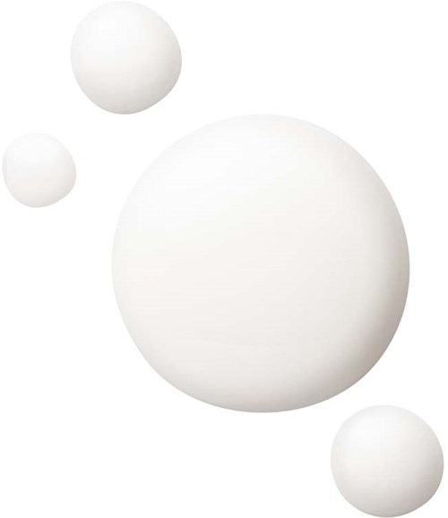 Four white spheres floating against a plain background. The biggest sphere is prominent, with three smaller ones nearby.