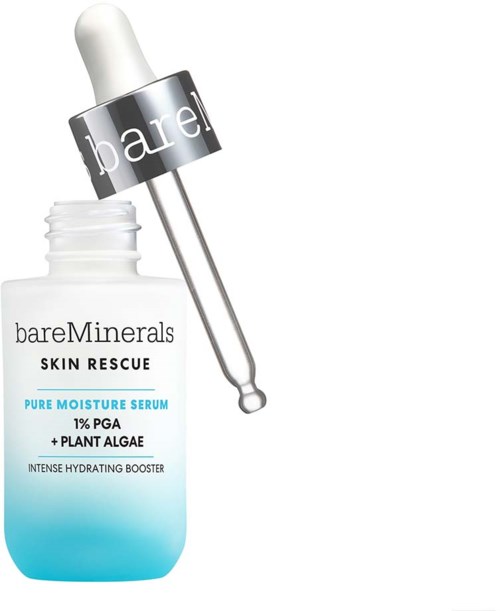 A white and blue bottle of skincare serum with a dropper cap labeled 'bare'.