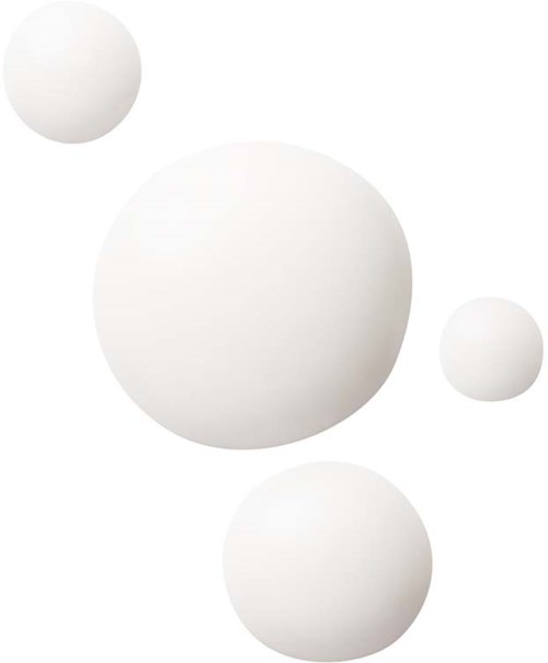 Four white spheres of different sizes on a plain background.