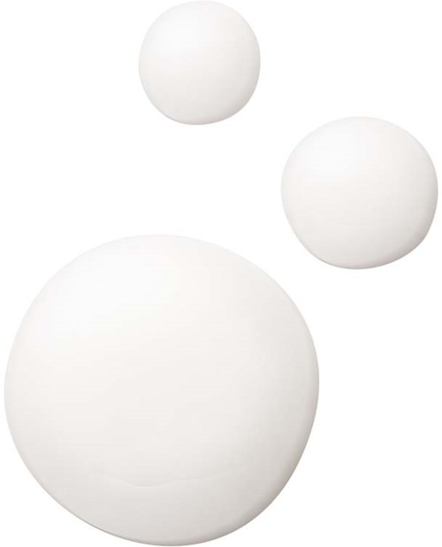 Three white spherical objects of different sizes floating against a white background.