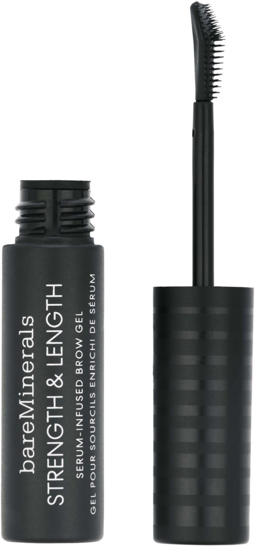 En liten svart burk med en borsthärledare, märkt "bareMinerals STRENGTH & LENGTH", för ögonbrynsgel.