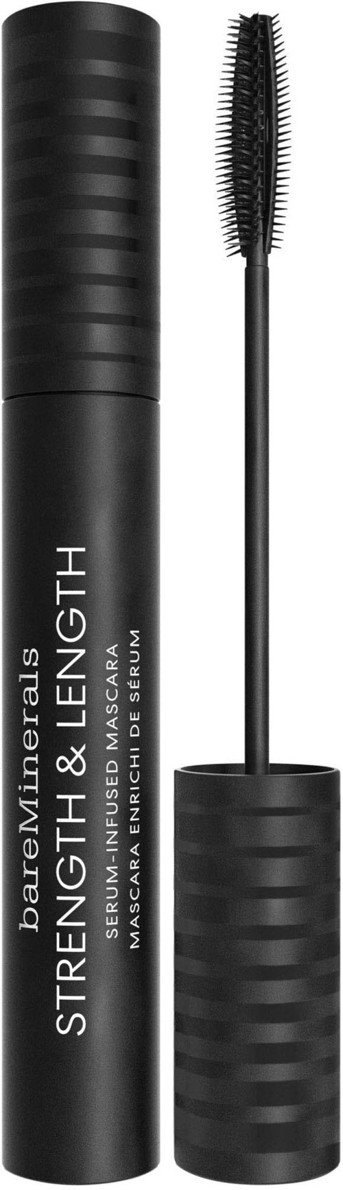 Black mascara tube with a brush, labeled Strength & Length, for long, thick eyelashes.