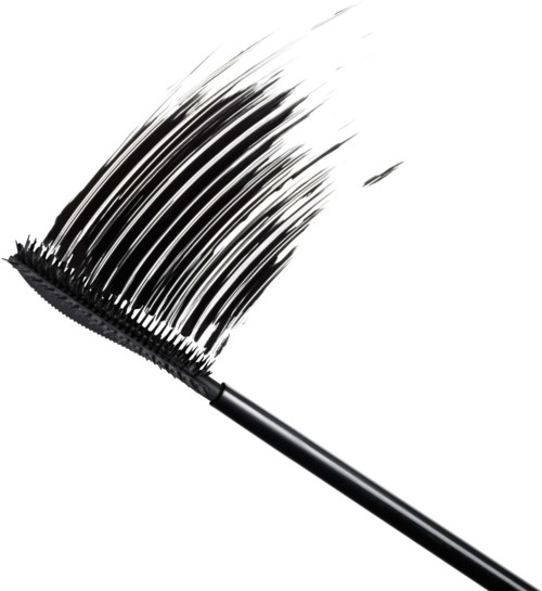 A mascara wand with spread black mascara strokes and a curved handle.