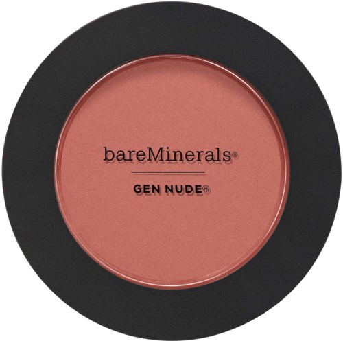 A round blush compact with a black border, label reads "bareMinerals GEN NUDE" in black text.