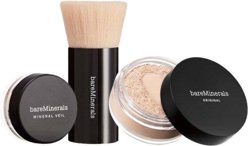 BareMinerals-meikkituotteet, kuten puuteri, sivellin ja astiat, näkyvät rivissä.