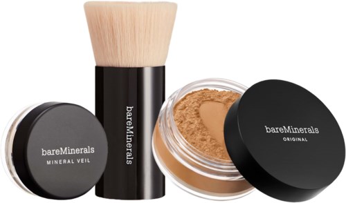 BareMinerals-meikkituotteet, mukaan lukien puuteri, sivellin ja kannet mustissa purkeissa.