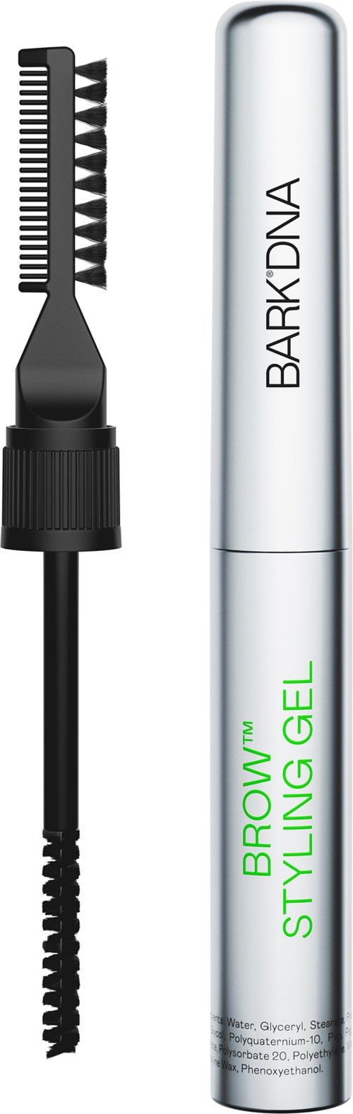 Et skjønnhetsprodukt med en liten børste og en hvit tube merket 'BARK DNA' og 'BROW STYLE GEL'.