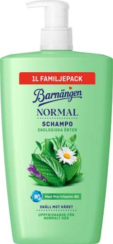 A green bottle of Barnängen Normal shampoo with a white pump, featuring a label with herbs and flowers.