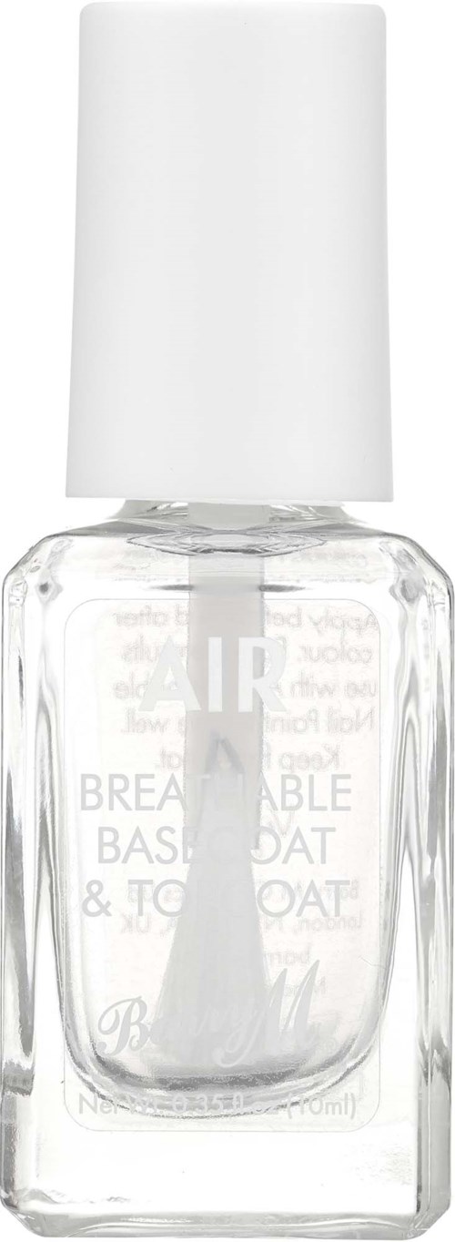 Een helder glazen flesje met een witte dop, gelabeld als basiskleur en topcoat nagellak.
