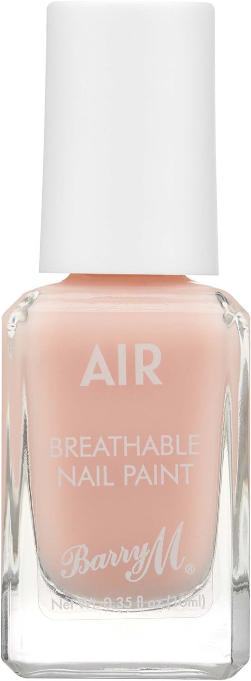 Een flesje met licht perzikkleurige nagellak met de tekst 'AIR', ademende nagellak van Barry M met een witte dop.