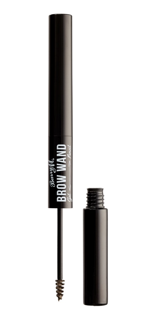 A black eyebrow gel with a twist-up applicator and a spoolie brush inside the cap.