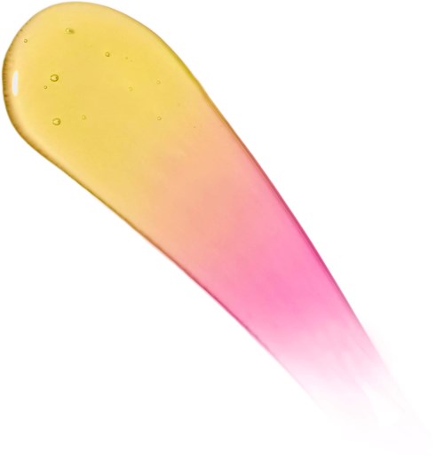 Een kleurrijke gel met geel en roze die in elkaar overvloeien, in de vorm van een druppel.