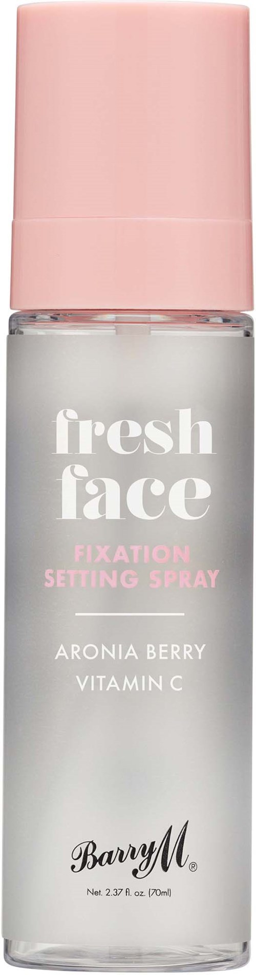 Kleine sprayfles met roze dop, label 'fresh face setting spray' met Aronia Berry en vitamine C.