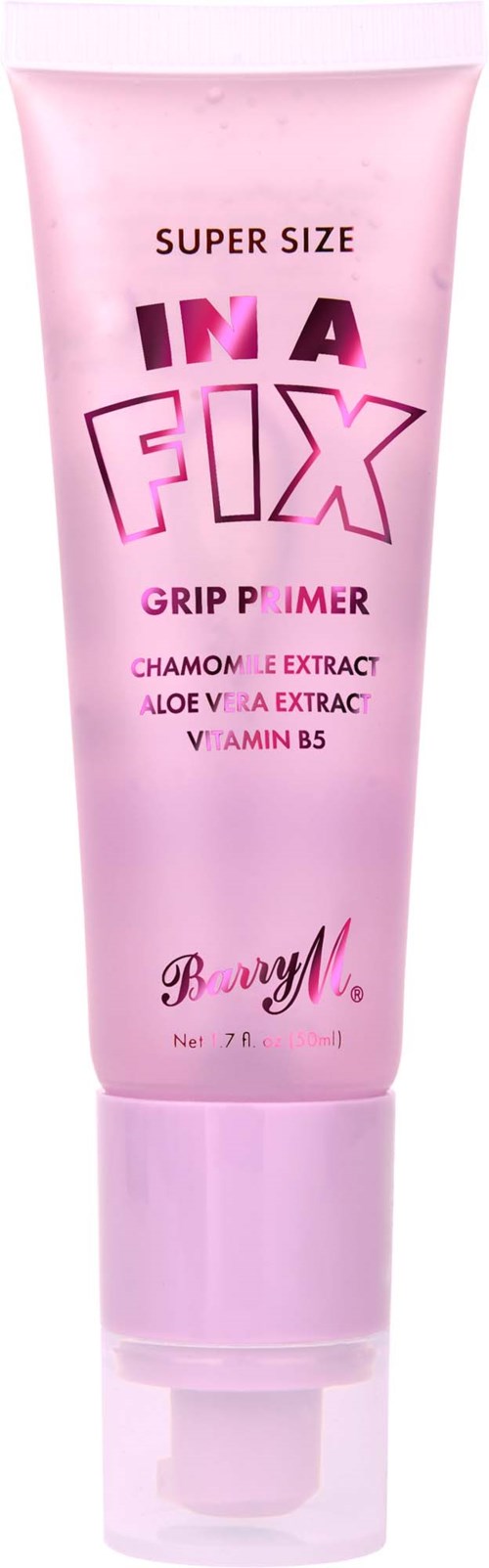 Roze tube met grip primer en kersenbloesem ontwerp, bevat kamille, aloë vera en vitamine B5.